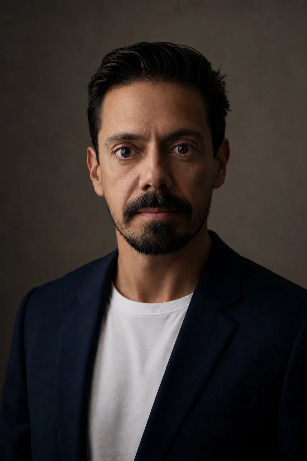 Retrato de Xavier Magaña, filmmaker de bodas, sobre un fondo oscuro de estudio.